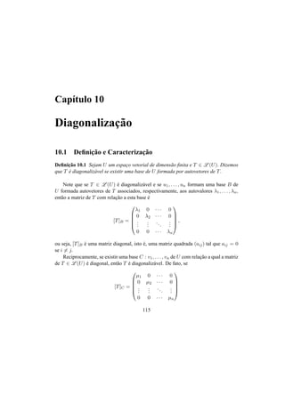 Cap´ıtulo 10 
Diagonalizac¸ ˜ao 
10.1 Definic¸ ˜ao e Caracterizac¸ ˜ao 
Definic¸ ˜ao 10.1 Sejam U um espac¸o vetorial de dimens˜ao finita e T 2 L(U). Dizemos 
que T ´e diagonaliz´avel se existir uma base de U formada por autovetores de T. 
Note que se T 2 L(U) ´e diagonaliz´avel e se u1, . . . , un formam uma base B de 
U formada autovetores de T associados, respectivamente, aos autovalores ¸1, . . . , ¸n, 
ent˜ao a matriz de T com relac¸ ˜ao a esta base ´e 
[T]B = 
0 
¸1 0 · · · 0 
0 ¸2 · · · 0 
BBB@ 
... 0 0 ... 
· · ... 
· ¸n 
. . . 
1 
CCCA 
, 
ou seja, [T]B ´e uma matriz diagonal, isto ´e, uma matriz quadrada (aij) tal que aij = 0 
se i6= j. 
Reciprocamente, se existir uma base C : v1, . . . , vn de U com relac¸ ˜ao a qual a matriz 
de T 2 L(U) ´e diagonal, ent˜ao T ´e diagonaliz´avel. De fato, se 
[T]C = 
0 
BBB@ 
μ1 0 · · · 0 
0 μ2 · · · 0 
... 
... 
. . . 
... 
0 0 · · · μn 
1 
CCCA 
115 
 
