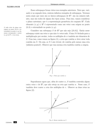Subespa¸cos vetoriais
Esses subespa¸cos foram vistos nos exemplos anteriores. Note que, vari-
ando w no segundo item, existem inﬁnitos exemplos de subespa¸cos. Veremos
nesta se¸c˜ao que esses s˜ao os ´unicos subespa¸cos de R2
: s˜ao em n´umero inﬁ-
nito, mas s˜ao todos de algum dos tipos acima. Para isso, vamos considerar
o plano cartesiano, que ´e a representa¸c˜ao geom´etrica do conjunto R2
. Cada
elemento (x, y) ∈ R2
´e representado como um vetor com origem no ponto
(0, 0) e extremidade no ponto (x, y).A cada vetor do plano com
origem no ponto (0, 0) e ex-
tremidade no ponto (x, y) fa-
zemos corresponder o ponto
(x, y) de R2, e vice-versa.
Considere um subespa¸co S de R2
que n˜ao seja {(0, 0)}. Ent˜ao nesse
subespa¸co existe um vetor w que n˜ao ´e o vetor nulo. Como S ´e fechado para a
multiplica¸c˜ao por escalar, todos os m´ultiplos de w tamb´em s˜ao elementos de
S. Com isso, como vemos na ﬁgura (1), a reta que cont´em w deve estar toda
contida em S. Ou seja, se S ´e n˜ao trivial, ele cont´em pelo menos uma reta
(inﬁnitos pontos!). Observe que essa mesma reta tamb´em cont´em a origem.
w
Fig. 1: Reta que cont´em w
Suponhamos agora que, al´em de conter w, S tamb´em contenha algum
outro vetor v de R2
, que n˜ao esteja na reta que cont´em w. Nesse caso, S
tamb´em deve conter a reta dos m´ultiplos de v. Observe as duas retas na
ﬁgura (2).
v
w
Fig. 2: Retas contidas em S
CEDERJ 100
 