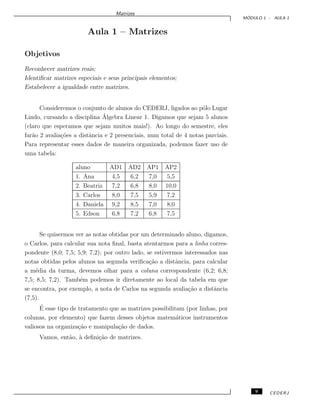 Matrizes
M ´ODULO 1 - AULA 1
Aula 1 – Matrizes
Objetivos
Reconhecer matrizes reais;
Identiﬁcar matrizes especiais e seus principais elementos;
Estabelecer a igualdade entre matrizes.
Consideremos o conjunto de alunos do CEDERJ, ligados ao p´olo Lugar
Lindo, cursando a disciplina ´Algebra Linear 1. Digamos que sejam 5 alunos
(claro que esperamos que sejam muitos mais!). Ao longo do semestre, eles
far˜ao 2 avalia¸c˜oes a distˆancia e 2 presenciais, num total de 4 notas parciais.
Para representar esses dados de maneira organizada, podemos fazer uso de
uma tabela:
aluno AD1 AD2 AP1 AP2
1. Ana 4,5 6,2 7,0 5,5
2. Beatriz 7,2 6,8 8,0 10,0
3. Carlos 8,0 7,5 5,9 7,2
4. Daniela 9,2 8,5 7,0 8,0
5. Edson 6,8 7,2 6,8 7,5
Se quisermos ver as notas obtidas por um determinado aluno, digamos,
o Carlos, para calcular sua nota ﬁnal, basta atentarmos para a linha corres-
pondente (8,0; 7,5; 5,9; 7,2); por outro lado, se estivermos interessados nas
notas obtidas pelos alunos na segunda veriﬁca¸c˜ao a distˆancia, para calcular
a m´edia da turma, devemos olhar para a coluna correspondente (6,2; 6,8;
7,5; 8,5; 7,2). Tamb´em podemos ir diretamente ao local da tabela em que
se encontra, por exemplo, a nota de Carlos na segunda avalia¸c˜ao a distˆancia
(7,5).
´E esse tipo de tratamento que as matrizes possibilitam (por linhas, por
colunas, por elemento) que fazem desses objetos matem´aticos instrumentos
valiosos na organiza¸c˜ao e manipula¸c˜ao de dados.
Vamos, ent˜ao, `a deﬁni¸c˜ao de matrizes.
9 CEDERJ
 