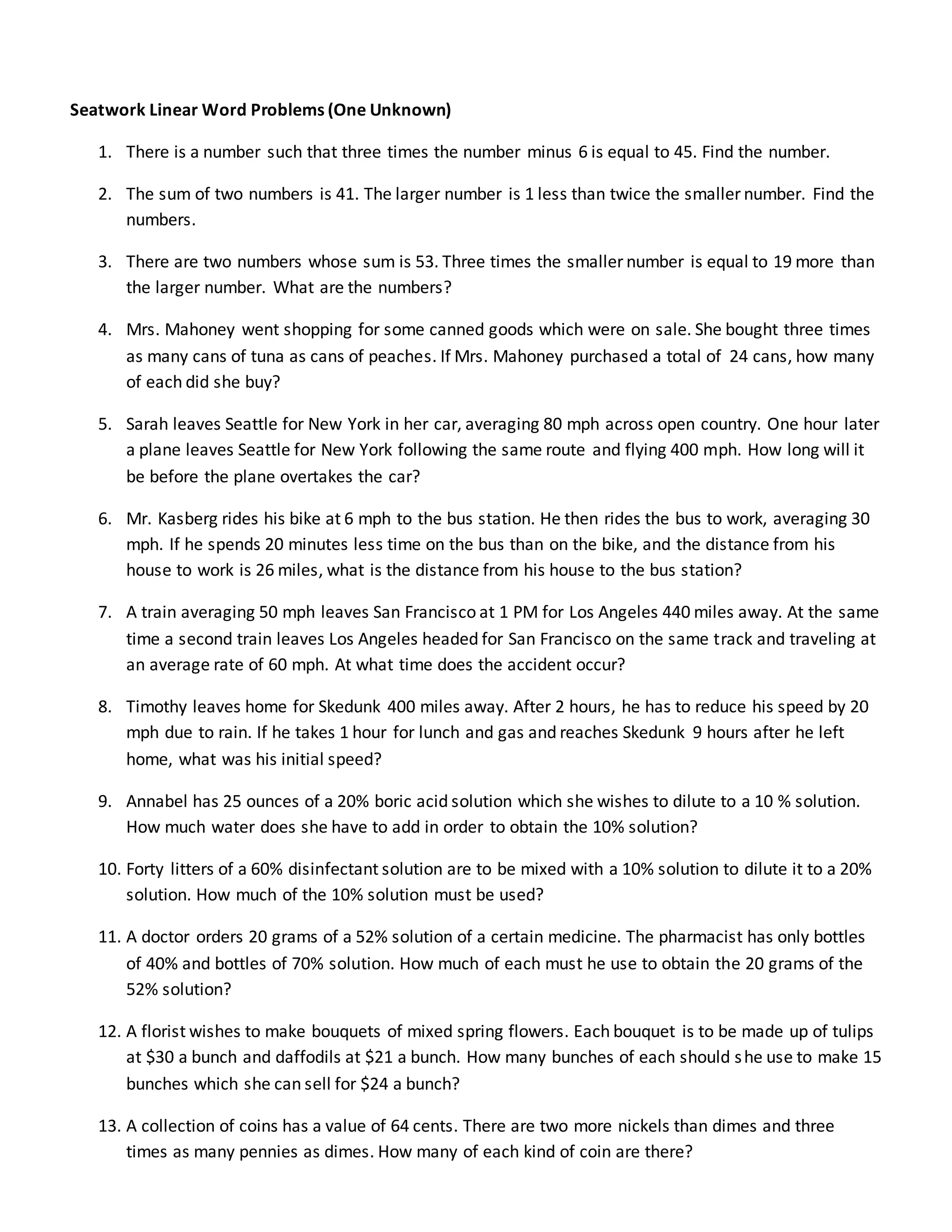 Algebra linear word problems seatwork questions | PDF