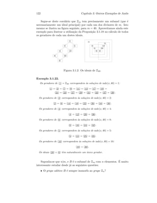 122 Cap´ıtulo 3. Outros Exemplos de An´eis
Segue-se deste corol´ario que Zm tem precisamente um subanel (que ´e
necessariamente um ideal principal) por cada um dos divisores de m. Isto
mesmo se ilustra na ﬁgura seguinte, para m = 40. Aproveitamos ainda este
exemplo para ilustrar a utiliza¸c˜ao da Proposi¸c˜ao 3.1.18 no c´alculo de todos
os geradores de cada um destes ideais.
  ¡ ¢
  ¡ ¢
  £ ¢   £ ¢
  ¤ ¢
  ¤ ¢
  ¥ ¢
  ¥ ¢
  ¡§¦ ¢
  ¡§¦ ¢
  £§¦ ¢
  £¨¦ ¢
  © ¢
  © ¢
  ¦ ¢
  ¦ ¢
Figura 3.1.2: Os ideais de Z40.
Exemplo 3.1.22.
Os geradores de 1 = Z40 correspondem `as solu¸c˜oes de mdc(x, 40) = 1:
1 = 3 = 7 = 9 = 11 = 13 = 17 = 19 =
21 = 23 = 27 = 29 = 31 = 33 = 37 = 39 .
Os geradores de 2 correspondem `as solu¸c˜oes de mdc(x, 40) = 2:
2 = 6 = 14 = 18 = 22 = 26 = 34 = 38 .
Os geradores de 4 correspondem `as solu¸c˜oes de mdc(x, 40) = 4:
4 = 12 = 28 = 36 .
Os geradores de 8 correspondem `as solu¸c˜oes de mdc(x, 40) = 8:
8 = 16 = 24 = 32 .
Os geradores de 5 correspondem `as solu¸c˜oes de mdc(x, 40) = 5:
5 = 15 = 25 = 35 .
Os geradores de 10 correspondem `as solu¸c˜oes de mdc(x, 40) = 10:
10 = 30 .
Os ideais 20 e 0 tˆem naturalmente um ´unico gerador.
Suponha-se que n|m, e B ´e o subanel de Zm com n elementos. ´E muito
interessante estudar desde j´a as seguintes quest˜oes:
• O grupo aditivo B ´e sempre isomorfo ao grupo Zn?
 