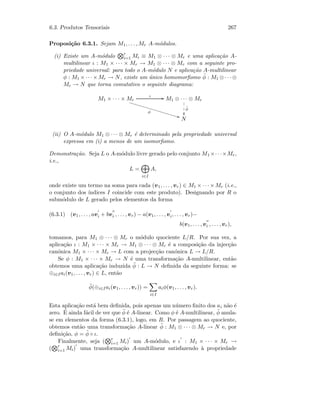 6.3. Produtos Tensoriais 267
Proposi¸c˜ao 6.3.1. Sejam M1, . . . , Mr A-m´odulos.
(i) Existe um A-m´odulo r
i=1 Mi ≡ M1 ⊗ · · · ⊗ Mr e uma aplica¸c˜ao A-
multilinear ι : M1 × · · · × Mr → M1 ⊗ · · · ⊗ Mr com a seguinte pro-
priedade universal: para todo o A-m´odulo N e aplica¸c˜ao A-multilinear
φ : M1 ×· · · ×Mr → N, existe um ´unico homomorﬁsmo ˜φ : M1 ⊗· · · ⊗
Mr → N que torna comutativo o seguinte diagrama:
M1 × · · · × Mr
ι GG
φ
BB††††††††††††††††††††† M1 ⊗ · · · ⊗ Mr

1
1
1
˜φ
N
(ii) O A-m´odulo M1 ⊗ · · · ⊗ Mr ´e determinado pela propriedade universal
expressa em (i) a menos de um isomorﬁsmo.
Demonstra¸c˜ao. Seja L o A-m´odulo livre gerado pelo conjunto M1 ×· · ·×Mr,
i.e.,
L =
i∈I
A,
onde existe um termo na soma para cada (v1, . . . , vr) ∈ M1 × · · · × Mr (i.e.,
o conjunto dos ´ındices I coincide com este produto). Designando por R o
subm´odulo de L gerado pelos elementos da forma
(6.3.1) (v1, . . . , avi + bvi , . . . , vr) − a(v1, . . . , vi, . . . , vr)−
b(v1, . . . , vi , . . . , vr),
tomamos, para M1 ⊗ · · · ⊗ Mr o m´odulo quociente L/R. Por sua vez, a
aplica¸c˜ao ι : M1 × · · · × Mr → M1 ⊗ · · · ⊗ Mr ´e a composi¸c˜ao da injec¸c˜ao
can´onica M1 × · · · × Mr → L com a projec¸c˜ao can´onica L → L/R.
Se φ : M1 × · · · × Mr → N ´e uma transforma¸c˜ao A-multilinear, ent˜ao
obtemos uma aplica¸c˜ao induzida ¯φ : L → N deﬁnida da seguinte forma: se
⊕i∈Iai(v1, . . . , vr) ∈ L, ent˜ao
¯φ(⊕i∈Iai(v1, . . . , vr)) =
i∈I
aiφ(v1, . . . , vr).
Esta aplica¸c˜ao est´a bem deﬁnida, pois apenas um n´umero ﬁnito dos ai n˜ao ´e
zero. ´E ainda f´acil de ver que ¯φ ´e A-linear. Como φ ´e A-multilinear, ¯φ anula-
se em elementos da forma (6.3.1), logo, em R. Por passagem ao quociente,
obtemos ent˜ao uma transforma¸c˜ao A-linear ˜φ : M1 ⊗ · · · ⊗ Mr → N e, por
deﬁni¸c˜ao, φ = ˜φ ◦ ι.
Finalmente, seja ( r
i=1 Mi) um A-m´odulo, e ι : M1 × · · · × Mr →
( r
i=1 Mi) uma transforma¸c˜ao A-multilinear satisfazendo `a propriedade
 