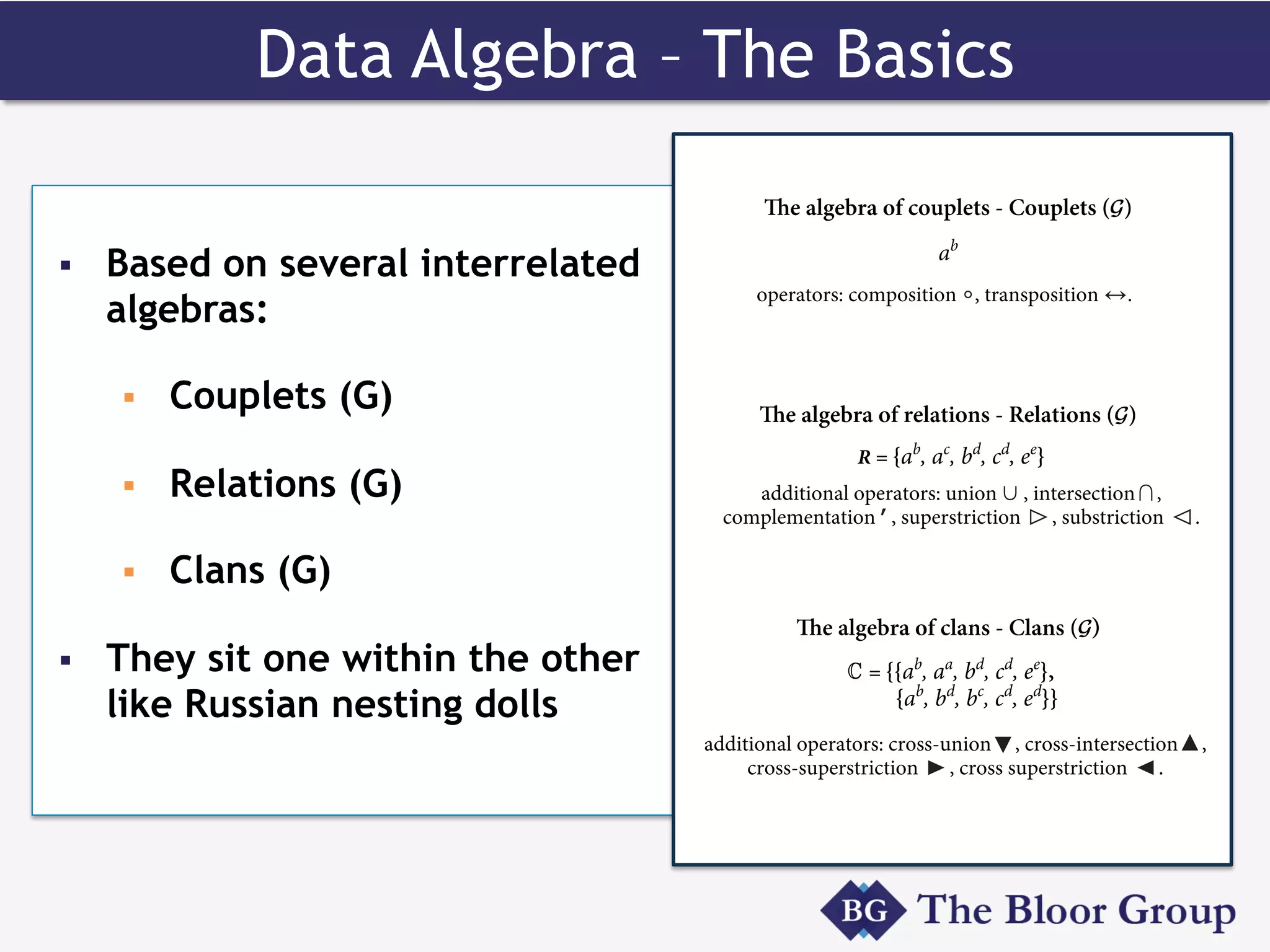 Data Algebra – The Basics
§  Based on several interrelated
algebras:
§  Couplets (G)
§  Relations (G)
§  Clans (G)
§  They sit one within the other
like Russian nesting dolls
The algebra of couplets - Couplets (G)
ab
R = {ab
, ac
, bd
, cd
, ee
}
C = {{ab
, aa
, bd
, cd
, ee
},
{ab
, bd
, bc
, cd
, ed
}}
The algebra of relations - Relations (G)
The algebra of clans - Clans (G)
operators: composition %, transposition ).
additional operators: cross-union▼, cross-intersection▲,
cross-superstriction _, cross superstriction ^.
additional operators: unionj, intersection+,
complementation’, superstriction q, substriction p.
 
