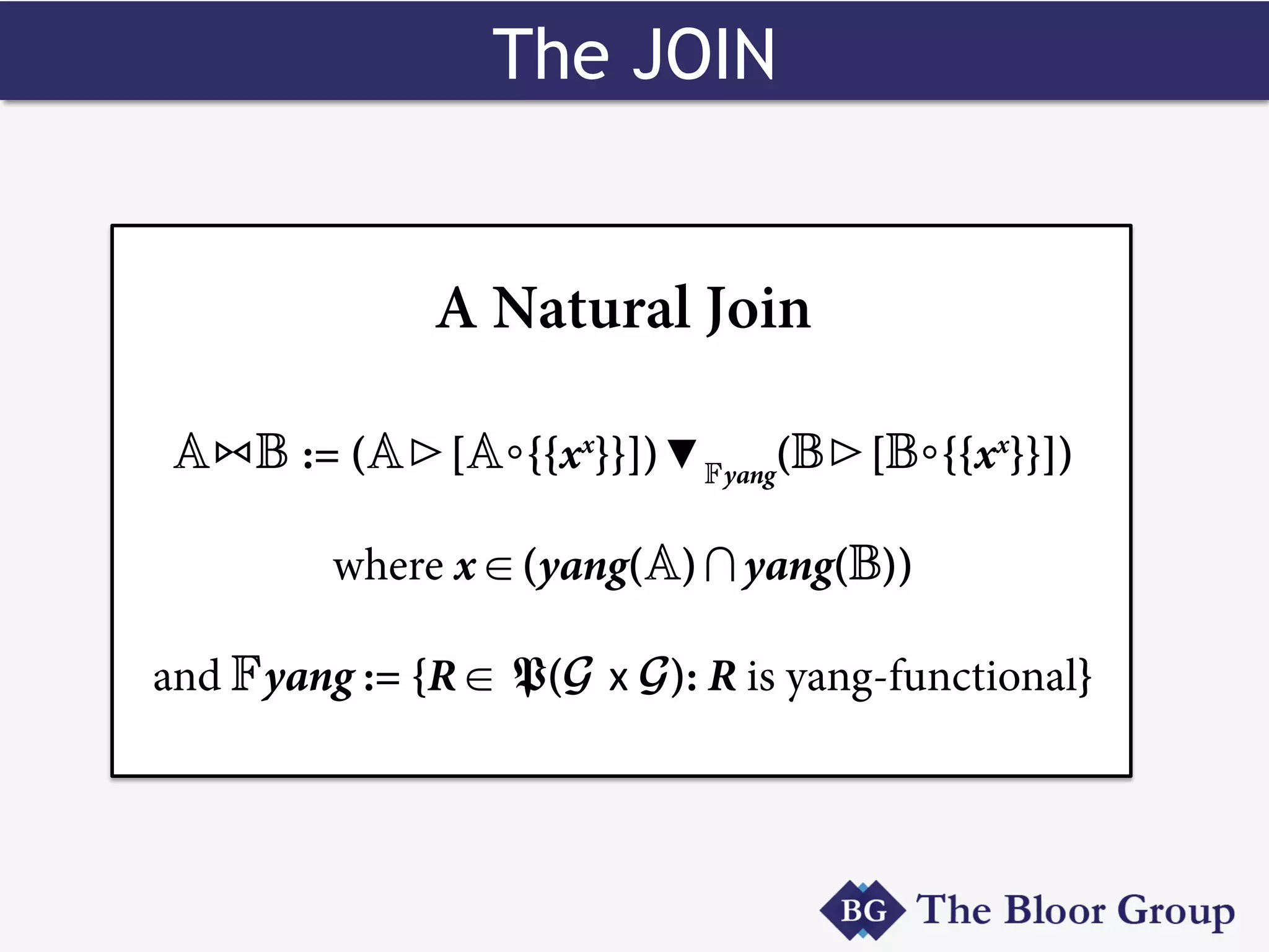 The JOIN
AAB := (Aq[A%{{xx
}}])UFyang
(Bq[B%{{xx
}}])
where xd(yang(A)+yang(B))
and Fyang := {Rd P(G x G): R is yang-functional}
A Natural Join
 
