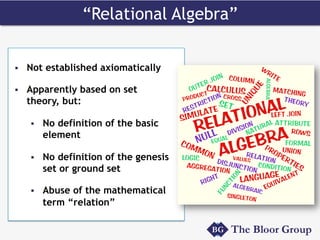 “Relational Algebra”
§  Not established axiomatically
§  Apparently based on set
theory, but:
§  No definition of the basic
element
§  No definition of the genesis
set or ground set
§  Abuse of the mathematical
term “relation”
 