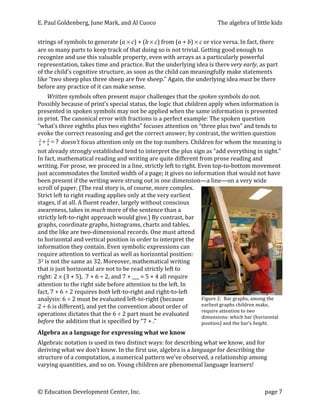 E.	
  Paul	
  Goldenberg,	
  June	
  Mark,	
  and	
  Al	
  Cuoco	
                                                                         The	
  algebra	
  of	
  little	
  kids	
  


strings	
  of	
  symbols	
  to	
  generate	
  (a	
  ×	
  c)	
  +	
  (b	
  ×	
  c)	
  from	
  (a	
  +	
  b)	
  ×	
  c	
  or	
  vice	
  versa.	
  In	
  fact,	
  there	
  
are	
  so	
  many	
  parts	
  to	
  keep	
  track	
  of	
  that	
  doing	
  so	
  is	
  not	
  trivial.	
  Getting	
  good	
  enough	
  to	
  
recognize	
  and	
  use	
  this	
  valuable	
  property,	
  even	
  with	
  arrays	
  as	
  a	
  particularly	
  powerful	
  
representation,	
  takes	
  time	
  and	
  practice.	
  But	
  the	
  underlying	
  idea	
  is	
  there	
  very	
  early,	
  as	
  part	
  
of	
  the	
  child’s	
  cognitive	
  structure,	
  as	
  soon	
  as	
  the	
  child	
  can	
  meaningfully	
  make	
  statements	
  
like	
  “two	
  sheep	
  plus	
  three	
  sheep	
  are	
  five	
  sheep.”	
  Again,	
  the	
  underlying	
  idea	
  must	
  be	
  there	
  
before	
  any	
  practice	
  of	
  it	
  can	
  make	
  sense.	
  
         Written	
  symbols	
  often	
  present	
  major	
  challenges	
  that	
  the	
  spoken	
  symbols	
  do	
  not.	
  
Possibly	
  because	
  of	
  print’s	
  special	
  status,	
  the	
  logic	
  that	
  children	
  apply	
  when	
  information	
  is	
  
presented	
  in	
  spoken	
  symbols	
  may	
  not	
  be	
  applied	
  when	
  the	
  same	
  information	
  is	
  presented	
  
in	
  print.	
  The	
  canonical	
  error	
  with	
  fractions	
  is	
  a	
  perfect	
  example:	
  The	
  spoken	
  question	
  
“what’s	
  three	
  eighths	
  plus	
  two	
  eighths”	
  focuses	
  attention	
  on	
  “three	
  plus	
  two”	
  and	
  tends	
  to	
  
evoke	
  the	
  correct	
  reasoning	
  and	
  get	
  the	
  correct	
  answer;	
  by	
  contrast,	
  the	
  written	
  question	
  
 3
 8
    + 8 = ? 	
  doesn’t	
  focus	
  attention	
  only	
  on	
  the	
  top	
  numbers.	
  Children	
  for	
  whom	
  the	
  meaning	
  is	
  
          2


not	
  already	
  strongly	
  established	
  tend	
  to	
  interpret	
  the	
  plus	
  sign	
  as	
  “add	
  everything	
  in	
  sight.”	
  
In	
  fact,	
  mathematical	
  reading	
  and	
  writing	
  are	
  quite	
  different	
  from	
  prose	
  reading	
  and	
  
writing.	
  For	
  prose,	
  we	
  proceed	
  in	
  a	
  line,	
  strictly	
  left	
  to	
  right.	
  Even	
  top-­‐to-­‐bottom	
  movement	
  
just	
  accommodates	
  the	
  limited	
  width	
  of	
  a	
  page;	
  it	
  gives	
  no	
  information	
  that	
  would	
  not	
  have	
  
been	
  present	
  if	
  the	
  writing	
  were	
  strung	
  out	
  in	
  one	
  dimension—a	
  line—on	
  a	
  very	
  wide	
  	
  
scroll	
  of	
  paper.	
  (The	
  real	
  story	
  is,	
  of	
  course,	
  more	
  complex.	
  
Strict	
  left	
  to	
  right	
  reading	
  applies	
  only	
  at	
  the	
  very	
  earliest	
  
stages,	
  if	
  at	
  all.	
  A	
  fluent	
  reader,	
  largely	
  without	
  conscious	
  
awareness,	
  takes	
  in	
  much	
  more	
  of	
  the	
  sentence	
  than	
  a	
  
strictly	
  left-­‐to-­‐right	
  approach	
  would	
  give.)	
  By	
  contrast,	
  bar	
  
graphs,	
  coordinate	
  graphs,	
  histograms,	
  charts	
  and	
  tables,	
  
and	
  the	
  like	
  are	
  two-­‐dimensional	
  records.	
  One	
  must	
  attend	
  
to	
  horizontal	
  and	
  vertical	
  position	
  in	
  order	
  to	
  interpret	
  the	
  
information	
  they	
  contain.	
  Even	
  symbolic	
  expressions	
  can	
  
require	
  attention	
  to	
  vertical	
  as	
  well	
  as	
  horizontal	
  position:	
  
32	
  is	
  not	
  the	
  same	
  as	
  32.	
  Moreover,	
  mathematical	
  writing	
  
that	
  is	
  just	
  horizontal	
  are	
  not	
  to	
  be	
  read	
  strictly	
  left	
  to	
  
right:	
  2	
  ×	
  (3	
  +	
  5),	
  	
  7	
  +	
  6	
  ÷	
  2,	
  and	
  7	
  +	
  ___	
  =	
  5	
  +	
  4	
  all	
  require	
  
attention	
  to	
  the	
  right	
  side	
  before	
  attention	
  to	
  the	
  left.	
  In	
  
fact,	
  7	
  +	
  6	
  ÷	
  2	
  requires	
  both	
  left-­‐to-­‐right	
  and	
  right-­‐to-­‐left	
                                                                                     	
  
analysis:	
  6	
  ÷	
  2	
  must	
  be	
  evaluated	
  left-­‐to-­‐right	
  (because	
                                             Figure	
  2:	
  	
  Bar	
  graphs,	
  among	
  the	
  
2	
  ÷	
  6	
  is	
  different),	
  and	
  yet	
  the	
  convention	
  about	
  order	
  of	
                                      earliest	
  graphs	
  children	
  make,	
  
                                                                                                                                   require	
  attention	
  to	
  two	
  
operations	
  dictates	
  that	
  the	
  6	
  ÷	
  2	
  part	
  must	
  be	
  evaluated	
                                          dimensions:	
  which	
  bar	
  (horizontal	
  
before	
  the	
  addition	
  that	
  is	
  specified	
  by	
  “7	
  +	
  .”	
                                                      position)	
  and	
  the	
  bar’s	
  height.	
  
Algebra	
  as	
  a	
  language	
  for	
  expressing	
  what	
  we	
  know	
  
Algebraic	
  notation	
  is	
  used	
  in	
  two	
  distinct	
  ways:	
  for	
  describing	
  what	
  we	
  know,	
  and	
  for	
  
deriving	
  what	
  we	
  don’t	
  know.	
  In	
  the	
  first	
  use,	
  algebra	
  is	
  a	
  language	
  for	
  describing	
  the	
  
structure	
  of	
  a	
  computation,	
  a	
  numerical	
  pattern	
  we’ve	
  observed,	
  a	
  relationship	
  among	
  
varying	
  quantities,	
  and	
  so	
  on.	
  Young	
  children	
  are	
  phenomenal	
  language	
  learners!	
  



©	
  Education	
  Development	
  Center,	
  Inc.	
                                     	
                                                                                      page	
  7	
  
 