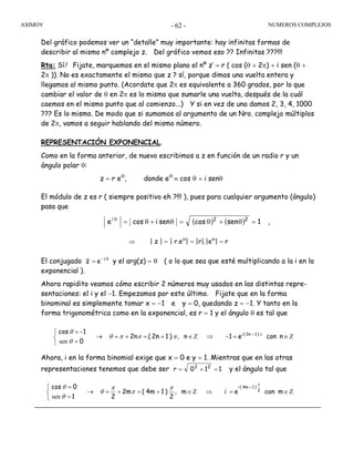 ASIMOV NUMEROS COMPLEJOS- 62 -
Del gráfico podemos ver un “detalle” muy importante: hay infinitas formas de
describir al mismo nº complejo z. Del gráfico vemos eso ?? Infinitas ???!!!
Rta: Sí! Fijate, marquemos en el mismo plano el nº z’ = r ( cos (θ + 2π) + i sen (θ +
2π )). No es exactamente el mismo que z ? sí, porque dimos una vuelta entera y
llegamos al mismo punto. (Acordate que 2π es equivalente a 360 grados, por lo que
cambiar el valor de θ en 2π es lo mismo que sumarle una vuelta, después de la cuál
caemos en el mismo punto que al comienzo...) Y si en vez de una damos 2, 3, 4, 1000
??? Es lo mismo. De modo que si sumamos al argumento de un Nro. complejo múltiplos
de 2π, vamos a seguir hablando del mismo número.
REPRESENTACIÓN EXPONENCIAL.
Como en la forma anterior, de nuevo escribimos a z en función de un radio r y un
ángulo polar θ:
z = r eiθ
, donde eiθ
≡ cos θ + i senθ
El módulo de z es r ( siempre positivo eh ?!!! ), pues para cualquier argumento (ángulo)
pasa que
⇒ | z | = | r.eiθ
| = |r|.|eiθ
| = r
El conjugado θ
= i-
ez y el arg(z) = θ ( o lo que sea que esté multiplicando a la i en la
exponencial ).
Ahora rapidito veamos cómo escribir 2 números muy usados en las distintas repre-
sentaciones: el i y el −1. Empezamos por este último. Fijate que en la forma
binominal es simplemente tomar x = −1 e y = 0, quedando z = −1. Y tanto en la
forma trigonométrica como en la exponencial, es r = 1 y el ángulo θ es tal que
Ahora, i en la forma binomial exige que x = 0 e y = 1. Mientras que en las otras
representaciones tenemos que debe ser 110r 22
=+= y el ángulo tal que
Ζ∈=⇒Ζ∈+=+=→
⎩
⎨
⎧
=
= +
ncone1-n)12n(2n
0
1-cos )12n(i π
πππθ
θ
θ
,
sen
Ζ∈=⇒Ζ∈+=+=→
⎩
⎨
⎧
=
= +
mconeim
2
)14m(2m
21
0cos 2
)14m(i
π
π
π
π
θ
θ
θ
,
sen
( ) ( ) ,1sencossenicose 22i
=θ+θ=θ+θ=θ
 