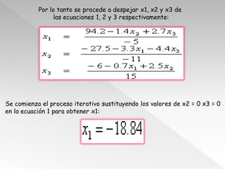 Por lo tanto se procede a despejar x1, x2 y x3 de
                 las ecuaciones 1, 2 y 3 respectivamente:




Se comienz...