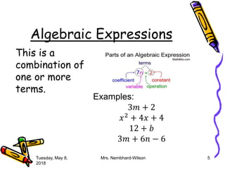 Algebraic Expressions
This is a
combination of
one or more
terms.
Tuesday, May 8,
2018
Mrs. Nembhard-Wilson 5
Examples:
3𝑚 + 2
𝑥2 + 4𝑥 + 4
12 + 𝑏
3𝑚 + 6𝑛 − 6
 
