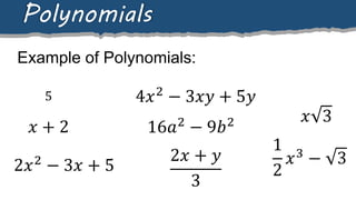 Example of Polynomials:
Polynomials
5
𝑥 + 2
2𝑥2 − 3𝑥 + 5
4𝑥2 − 3𝑥𝑦 + 5𝑦
16𝑎2 − 9𝑏2
2𝑥 + 𝑦
3
𝑥 3
1
2
𝑥3 − 3
 