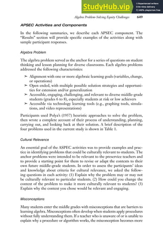 Algebra Problem-Solving Equity Challenges 649
APSEC Activities and Components
In the following summaries, we describe each APSEC component. The
“Results” section will provide specific examples of the activities along with
sample participant responses.
Algebra Problem
The algebra problem served as the anchor for a series of questions on student
thinking and lesson planning for diverse classrooms. Each algebra problems
addressed the following characteristics:
➣ Alignment with one or more algebraic learning goals (variables, change,
or operations)
➣ Open ended, with multiple possible solution strategies and opportuni-
ties for extension and/or generalization
➣ Accessible, engaging, challenging, and relevant to diverse middle-grade
students (grades 6 to 8), especially students at risk or low achievers
➣ Accessible via technology learning tools (e.g., graphing tools, simula-
tions, and video representations)
Participants used Polya’s (1957) heuristic approaches to solve the problem,
then wrote a complete account of their process of understanding, planning,
carrying out, and looking back at their solution. A brief description of the
four problems used in the current study is shown in Table 1.
Cultural Relevance
An essential goal of the ASPEC activities was to provide examples and prac-
tice in identifying problems that could be culturally relevant to students. The
anchor problems were intended to be relevant to the preservice teachers and
to provide a starting point for them to revise or adapt the contexts to their
own future middle-grade students. In order to assess the participants’ ideas
and knowledge about criteria for cultural relevance, we asked the follow-
ing questions in each activity: (1) Explain why the problem may or may not
be culturally relevant to particular students. (2) How could you change the
context of the problem to make it more culturally relevant to students? (3)
Explain why the context you chose would be relevant and engaging.
Misconceptions
Many students enter the middle grades with misconceptions that are barriers to
learning algebra. Misconceptions often develop when students apply procedures
without fully understanding them. If a teacher who is unaware of or is unable to
explain why a procedure or algorithm works, the misconception becomes more
 