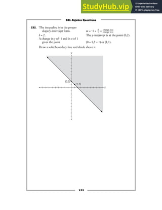 123
232. The inequality is in the proper
slope/y-intercept form. m = −1 = ᎏ
−
1
1
ᎏ = ᎏ
c
c
h
h
a
a
n
n
g
g
e
e
i
i
n
n
x
y
ᎏ
b = 2. The y-intercept is at the point (0,2).
A change in y of −1 and in x of 1
gives the point (0 + 1,2 − 1) or (1,1).
Draw a solid boundary line and shade above it.
y
x
(0,2)
(1,1)
501 Algebra Questions
 