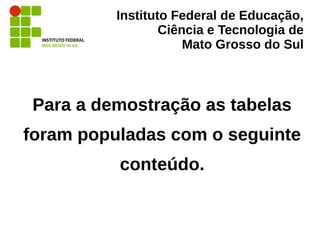 Instituto Federal de Educação,
Ciência e Tecnologia de
Mato Grosso do Sul
Para a demostração as tabelas
foram populadas com o seguinte
conteúdo.
 