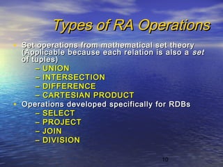 10
Types of RA OperationsTypes of RA Operations
• Set operations from mathematical set theorySet operations from mathematical set theory
(Applicable because each relation is also a(Applicable because each relation is also a setset
of tuples)of tuples)
–– UNIONUNION
–– INTERSECTIONINTERSECTION
–– DIFFERENCEDIFFERENCE
–– CARTESIAN PRODUCTCARTESIAN PRODUCT
• Operations developed specifically for RDBsOperations developed specifically for RDBs
–– SELECTSELECT
–– PROJECTPROJECT
–– JOINJOIN
–– DIVISIONDIVISION
 
