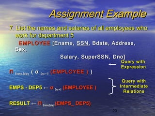 23
Assignment ExampleAssignment Example
7. List the names and salaries of all employees who7. List the names and salaries of all employees who
work for department 5work for department 5
EMPLOYEEEMPLOYEE [Ename,[Ename, SSNSSN, Bdate, Address,, Bdate, Address,
Sex,Sex,
Salary, SuperSSN, Dno]Salary, SuperSSN, Dno]
ΠΠ Ename,SalaryEname,Salary (( σσ Dno = 5Dno = 5 (EMPLOYEE )(EMPLOYEE ) ))
EMPS - DEP5EMPS - DEP5 ←← σσ Dno = 5Dno = 5 (EMPLOYEE )(EMPLOYEE )
RESULTRESULT ←← ΠΠ Ename,SalaryEname,Salary (EMPS_ DEP5(EMPS_ DEP5))
Query withQuery with
ExpressionExpression
Query withQuery with
IntermediateIntermediate
RelationsRelations
 