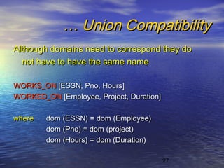 27
…… Union CompatibilityUnion Compatibility
Although domains need to correspond they doAlthough domains need to correspond they do
not have to have the same namenot have to have the same name
WORKS_ONWORKS_ON [ESSN, Pno, Hours][ESSN, Pno, Hours]
WORKED_ONWORKED_ON [Employee, Project, Duration][Employee, Project, Duration]
wherewhere dom (ESSN) = dom (Employee)dom (ESSN) = dom (Employee)
dom (Pno) = dom (project)dom (Pno) = dom (project)
dom (Hours) = dom (Duration)dom (Hours) = dom (Duration)
 