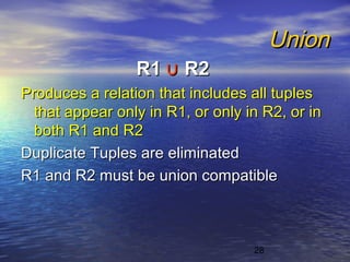 28
UnionUnion
R1R1 ∪∪ R2R2
Produces a relation that includes all tuplesProduces a relation that includes all tuples
that appear only in R1, or only in R2, or inthat appear only in R1, or only in R2, or in
both R1 and R2both R1 and R2
Duplicate Tuples are eliminatedDuplicate Tuples are eliminated
R1 and R2 must be union compatibleR1 and R2 must be union compatible
 