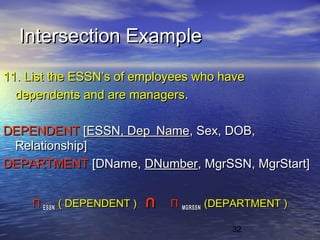 32
Intersection ExampleIntersection Example
11. List the ESSN’s of employees who have11. List the ESSN’s of employees who have
dependents and are managersdependents and are managers..
DEPENDENTDEPENDENT [[ESSN, Dep_NameESSN, Dep_Name, Sex, DOB,, Sex, DOB,
Relationship]Relationship]
DEPARTMENTDEPARTMENT [DName,[DName, DNumberDNumber, MgrSSN, MgrStart], MgrSSN, MgrStart]
ΠΠ ESSNESSN (( DEPENDENT )DEPENDENT ) ∩∩ ΠΠ MGRSSNMGRSSN (DEPARTMENT )(DEPARTMENT )
 