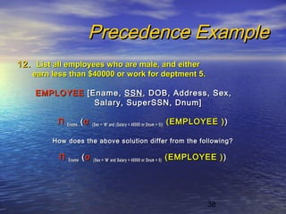 38
Precedence ExamplePrecedence Example
12.12. List all employees who are male, and eitherList all employees who are male, and either
earn less than $40000 or work for deptment 5.earn less than $40000 or work for deptment 5.
EMPLOYEEEMPLOYEE [Ename,[Ename, SSNSSN, DOB, Address, Sex,, DOB, Address, Sex,
Salary, SuperSSN, Dnum]Salary, SuperSSN, Dnum]
ΠΠ EnameEname ((σσ (Sex = ‘M’ and (Salary < 40000 or Dnum = 5))(Sex = ‘M’ and (Salary < 40000 or Dnum = 5)) (EMPLOYEE )(EMPLOYEE ) ))
How does the above solution differ from the following?How does the above solution differ from the following?
ΠΠ EnameEname ((σσ (Sex = ‘M’ and Salary < 40000 or Dnum = 5)(Sex = ‘M’ and Salary < 40000 or Dnum = 5) (EMPLOYEE )(EMPLOYEE ) ))
 