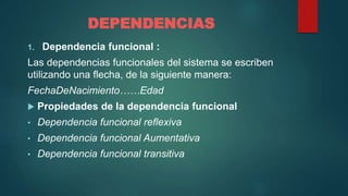 DEPENDENCIAS
1. Dependencia funcional :
Las dependencias funcionales del sistema se escriben
utilizando una flecha, de la siguiente manera:
FechaDeNacimiento……Edad
 Propiedades de la dependencia funcional
• Dependencia funcional reflexiva
• Dependencia funcional Aumentativa
• Dependencia funcional transitiva
 