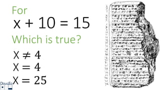 For
x + 10 = 15
Which is true?
X ≠ 4
X = 4
X = 25
 