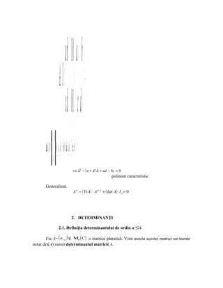 ab 10  − λ ba 
                                    A− λI=  − λ =              .




                                            c d 01  c d− λ
                   a− λ b
       det − λ IA = 0⇔ = 0 ( )(da λλ )−−−⇔ bc= 0 ad (a d)λ −++−⇒ bc= 0⇒
                                                               2

                       dc − λ
                                                                   ⇒ λ2 − ( a + d ) λ + ad − bc = 0
                                                                                               polinom caracteristic

       Generalizat.
                                                                   A n − ( TrA) ⋅ A n −1 + ( det A) ⋅I n = 0




                                                                2. DETERMINANŢI

                                   2.1. Definiţia determinantului de ordin n ≤ 4

        Fie A= ( a i j ) ∈ Μn ( C ) o matrice pătratică. Vom asocia acestei matrici un număr
notat det(A) numit determinantul matricii A.
 