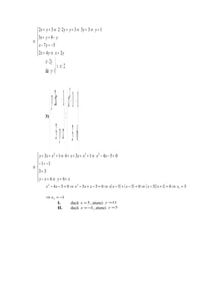  2x = y + 3 ⇒ 2 ⋅ 2 y = y + 3 ⇒ 3y = 3 ⇒ y = 1
  3x + y = 8 − y
 
⇒
  x − 7y = − 5
  2x = 4 y ⇒ x = 2 y
 
         x = 2y 
                   ⇒ x= 2
         dar y = 1




               y + 3 x − 1  x + 1 − 1
                                2
         3)
                =  
                    3 − xy   3 6
  y + 3x = x 2 + 1 ⇒ 6 + x + 3x = x 2 + 1 ⇒ x 2 − 4 x − 5 = 0
 
 − 1= −1
⇒
 3 = 3
  y− x = 6⇒ y = 6+ x
 
         x 2 − 4 x − 5 = 0 ⇒ x 2 − 5 x + x − 5 = 0 ⇒ x( x − 5) + ( x − 5) = 0 ⇒ ( x − 5)( x + 1) = 0 ⇒ x1 = 5

         ⇒ x 2 = −1
                     I.             dacă x = 5 , atunci y =11
                     II.            dacă x = −1 , atunci y = 5
 