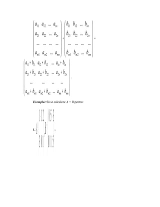  a11    a12 ... a1n   b11 b12 ... b1n 
                                                 
        a21    a22 ... a2n   b21 b22 ... b2n 
        ...     ... ... ...   +  ... ... ... ...  =
                                                 
       a       am2 ... amn   bm1 bm 2 ... bmn 
        m1
 a11 + b11 a12 + b12 ... a1n + b1n 
                                    
 a21 + b21 a22 + b22 ... a2n + b2n 
 ...           ... ... ...          .
                                    
 a + b a + b ... a + b 
 m1 m1 m2 m2 mn mn 
      Exemplu: Să se calculeze A + B pentru:




                1 − 1 2   0 5 − 3
      1.
           A=   , B=            ;




               3 0 1 10 1 5
 