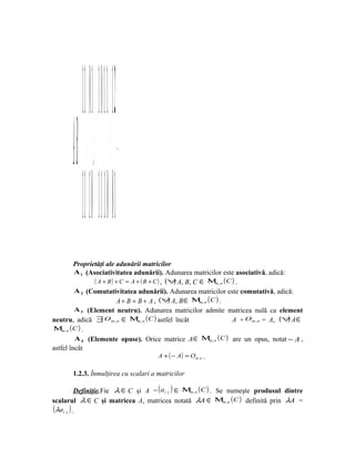  1 01  +01  12
       A+B= + .= =    .




            − 1  0 −1+ 0  1
         Proprietăţi ale adunării matricilor
         A 1 (Asociativitatea adunării). Adunarea matricilor este asociativă, adică:
                ( A + B ) + C = A + ( B + C ) , (∀ A, B, C ∈ Μm,n (C ) .
                                                   )
         A 2 (Comutativitatea adunării). Adunarea matricilor este comutativă, adică:
                           A + B = B + A , (∀ A, B ∈ Μm, n ( C ) .
                                                 )
         A 3 (Element neutru). Adunarea matricilor admite matricea nulă ca element
neutru, adică ∃ Om ,n ∈ Μm, n ( C ) astfel încât                     A + Om ,n = A, (∀ A ∈
                                                                                      )
Μ n (C ) .
    m,

         A 4 (Elemente opuse). Orice matrice A ∈ Μm, n ( C ) are un opus, notat − A ,
astfel încât
                                            A + ( − A ) = Om , n .

       1.2.3. Înmulţirea cu scalari a matricilor

          Definiţie.Fie λ ∈ C şi A = ( a i j ) ∈ Μm, n ( C ) . Se numeşte produsul dintre
scalarul λ ∈ C şi matricea A, matricea notată λA ∈ Μm, n ( C ) definită prin λA =
(λai j ) .
 