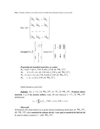 Obs.: A înmulţi o matrice cu un scalar revine la a înmulţi toate elementele matricii cu acest scalar.



                     λ a11 λ a12 ... λ a1n 
                                             
                     λ a21 λ a22 ... λ a2n 
          Deci λA =
                     ... ... ... ...  .
                                             
                     λ a λ a ... λ a 
                     m1 m2                mn 

                          1 
                           − 3 5
                            2  . Atunci 6A =  3                         − 18 30
          Exemplu Fie A = 
                           2 
                                                                                     .


                           0 1
                           3 
                                               0                            4 6
          Proprietăţi ale înmulţirii matricilor cu scalari
          S 1 λ( µA) = ( λµ ) A , (∀ λ µ∈ C, (∀ A ∈ Μm, n ( C ) ;
                                      ) ,           )
          S2      λ ( A + B ) = λA + λB , (∀ λ ∈ C, (∀ A, B ∈ Μ n ( C ) ;
                                            )         )          m,

          S 3 ( λ + µ ) A = λA + µA , (∀ λ µ∈ C, (∀ A ∈ Μ n ( C ) ;
                                          ) ,          )      m,

          S4      1 ⋅ A = A ,1 ∈ C,  (∀ A ∈ Μm, n (C ) ;
                                         )



          1.2.4. Înmulţirea matricilor

        Definiţie. Fie A = ( a k i ) ∈ Μm, n ( R ) , B = (bi j ) ∈ Μn, p ( R ) . Produsul dintre
matricile A şi B (în aceasta ordine), notat AB este matricea C = (c k j ) ∈ Μm, p ( R )
definită prin
                                         n
                               c k j = ∑ a k i bi j , (∀ k
                                                        )        = ,m
                                                                  1       , (∀)   j = ,n .
                                                                                     1
                                        i =1


       Observaţii
1) Produsul AB a două matrici nu se poate efectua întotdeauna decât dacă A ∈ Μm, n ( R ) ,
B ∈ Μn, p ( R ) , adică numărul de coloane ale lui A este egal cu numărul de linii ale lui
B, când se obţine o matrice C = AB ∈ Μm, p ( R ) .
 
