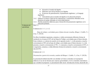  Iniciación al estudio del álgebra.
                           Diferentes usos de las literales en el álgebra.
                           El proceso de generalización, el pensamiento algebraico y el lenguaje
                       algebraico.
                           Antecedentes para el estudio del álgebra en la educación primaria.
                1.6.2. Elaborar un ensayo a partir de las experiencias y conclusiones obtenidas en las
                       dinámicas de grupo realizadas en la actividad anterior.
                1.6.3. Diseñar propuestas didácticas para el desarrollo del pensamiento algebraico en la
                       educación primaria.
Evidencias de   Para 1.1.
aprendizaje
                Evidencias de 1.1.1. y 1.1.2.

                      Hojas de trabajo y actividades para el futuro docente resueltas, Bloque 1, Cedillo, T. y
                Cruz, V. (2012b).

                En ellas el estudiante argumenta, comunica y valida correctamente diferentes formas de
                resolución en al menos el 85% de las Hojas de Trabajo y actividades para el futuro docente.
                Estas evidencia se valoran de acuerdo con la siguiente escala: 1, si sólo presenta y resuelve
                correctamente el 50% de las hojas de trabajo y actividades para el futuro docente; 2, si sólo
                presenta y resuelve correctamente el 70% ; 3, si presenta y resuelve correctamente el 85%; 4,
                si argumenta, comunica y valida diferentes formas de resolución y resuelve correctamente
                más del 85%.

                Evidencia de 1.1.3.

                Presentación a partir de la revisión y análisis del Bloque 1, Cedillo, T. y Cruz, V. (2012b).

                La presentación deberá describir con claridad: a) Cómo se introduce en la propuesta
                didáctica el uso de las literales para expresar generalidades y b) los contenidos matemáticos
                que considera la propuesta. La presentación debe incuir: introducción al tema, desarrollo del
                                         17
 