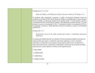 Evidencias de 1.3.1 y 13.2.

     Hojas de Trabajo y actividades para el futuro docente resueltas de los bloques 2 y 3.

El estudiante debe argumentar, comunicar y validar correctamente diferentes formas de
resolución en al menos el 85% de las Hojas de Trabajo y actividades para el futuro docente.
Estas actividades se valoran de acuerdo con la siguiente escala: 1, si sólo presenta y resuelve
correctamente el 50% de las Hojas de Trabajo y actividades para el futuro docente; 2, si sólo
presenta y resuelve correctamente el 70%; 3, si presenta y resuelve correctamente el 85%; 4,
si argumenta, comunica y valida diferentes formas de resolución y resuelve correctamente
más del 85%.

Evidencia de 1.3.3.

     Presentación acerca de las reglas iniciales para operar y transformar expresiones
     algebraicas.

La presentación deberá describir con claridad: a) Cómo la propuesta didáctica introduce las
reglas iniciales para operar y transformar expresiones algebraicas y b) los contenidos
matemáticos involucrados en la propuesta. La presentación debe incluir: introducción al
tema, desarrollo del tema, conclusiones y bibliografía o referencias de las fuentes utilizadas.
Cada uno de los cuatro aspectos se valoran con la siguiente escala:

1: baja calidad.

2: calidad media.

3: calidad buena.

4: calidad excelente.


                         20
 