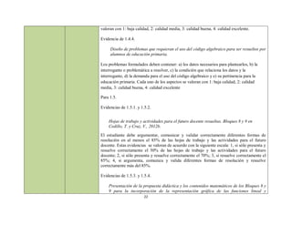 valoran con 1: baja calidad, 2: calidad media, 3: calidad buena, 4: calidad excelente.

Evidencia de 1.4.4.

     Diseño de problemas que requieran el uso del código algebraico para ser resueltos por
     alumnos de educación primaria.

Los problemas formulados deben contener: a) los datos necesarios para plantearlos, b) la
interrogante o problemática a resolver, c) la condición que relaciona los datos y la
interrogante, d) la demanda para el uso del código algebraico y e) su pertinencia para la
educación primaria. Cada uno de los aspectos se valoran con 1: baja calidad, 2: calidad
media, 3: calidad buena, 4: calidad excelente

Para 1.5.

Evidencias de 1.5.1. y 1.5.2.


    Hojas de trabajo y actividades para el futuro docente resueltas. Bloques 8 y 9 en
    Cedillo, T. y Cruz, V., 2012b.
El estudiante debe argumentar, comunicar y validar correctamente diferentes formas de
resolución en al menos el 85% de las hojas de trabajo y las actividades para el futuro
docente. Estas evidencias se valoran de acuerdo con la siguiente escala: 1, si sólo presenta y
resuelve correctamente el 50% de las hojas de trabajo y las actividades para el futuro
docente; 2, si sólo presenta y resuelve correctamente el 70%; 3, si resuelve correctamente el
85%; 4, si argumenta, comunica y valida diferentes formas de resolución y resuelve
correctamente más del 85%.

Evidencias de 1.5.3. y 1.5.4.

    Presentación de la propuesta didáctica y los contenidos matemáticos de los Bloques 8 y
    9 para la incorporación de la representación gráfica de las funciones lineal y
                         22
 