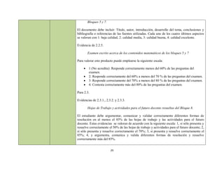 Bloques 5 y 7.

El documento debe incluir: Título, autor, introducción, desarrollo del tema, conclusiones y
bibliografía o referencias de las fuentes utilizadas. Cada uno de los cuatro últimos aspectos
se valoran con 1: baja calidad, 2: calidad media, 3: calidad buena, 4: calidad excelente.

Evidencia de 2.2.5.

         Examen escrito acerca de los contenidos matemáticos de los bloques 5 y 7

Para valorar este producto puede emplearse la siguiente escala:

        1 (No acredita): Responde correctamente menos del 60% de las preguntas del
         examen.
        2: Responde correctamente del 60% a menos del 70 % de las preguntas del examen.
        3: Responde correctamente del 70% a menos del 80 % de las preguntas del examen.
        4: Contesta correctamente más del 80% de las preguntas del examen.

Para 2.3.

Evidencias de 2.3.1., 2.3.2. y 2.3.3.

         Hojas de Trabajo y actividades para el futuro docente resueltas del Bloque 8.

El estudiante debe argumentar, comunicar y validar correctamente diferentes formas de
resolución en al menos el 85% de las hojas de trabajo y las actividades para el futuro
docente. Estas evidencias se valoran de acuerdo con la siguiente escala: 1, si sólo presenta y
resuelve correctamente el 50% de las hojas de trabajo y actividades para el futuro docente; 2,
si sólo presenta y resuelve correctamente el 70%; 3, si presenta y resuelve correctamente el
85%; 4, y argumenta, comunica y valida diferentes formas de resolución y resuelve
correctamente más del 85%.


                          29
 