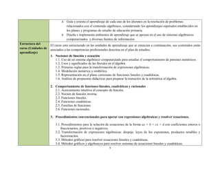 3. Guía y orienta el aprendizaje de cada uno de los alumnos en la resolución de problemas
                                relacionados con el contenido algebraico, considerando los aprendizajes esperados establecidos en
                                los planes y programas de estudio de educación primaria.
                             4. Diseña e implementa ambientes de aprendizaje que se apoyan en el uso de sistemas algebraicos
                                computarizados y diversas fuentes de información.
Estructura del       El curso está estructurado en las unidades de aprendizaje que se enuncian a continuación, sus contenidos están
curso (Unidades de   asociados a las competencias profesionales descritas en el plan de estudios.
aprendizaje)
                     1. Nociones de función y ecuación
                        1.1. Uso de un sistema algebraico computarizado para estudiar el comportamiento de patrones numéricos.
                        1.2. Usos y significados de las literales en el álgebra.
                        1.3. Primeras reglas para la transformación de expresiones algebraicas.
                        1.4. Modelación numérica y simbólica.
                        1.5. Representación en el plano cartesiano de funciones lineales y cuadráticas.
                        1.6. Análisis de propuestas didácticas para preparar la transición de la aritmética al álgebra.

                     2. Comportamiento de funciones lineales, cuadráticas y racionales
                        2.1. Acercamiento intuitivo al concepto de función.
                        2.2. Noción de función inversa.
                        2.3. Funciones lineales.
                        2.4. Funciones cuadráticas.
                        2.5. Familias de funciones.
                        2.6. Funciones racionales.

                     3. Procedimientos convencionales para operar con expresiones algebraicas y resolver ecuaciones.

                        3.1. Procedimientos para la solución de ecuaciones de la forma ax + b = cx + d con coeficientes enteros o
                            fraccionarios, positivos o negativos.
                        3.2. Transformación de expresiones algebraicas: despeje. leyes de los exponentes, productos notables y
                            factorización.
                        3.3. Métodos gráficos para resolver ecuaciones lineales y cuadráticas.
                        3.4. Métodos gráficos y algebraicos para resolver sistemas de ecuaciones lineales y cuadráticas.
                                                                3
 