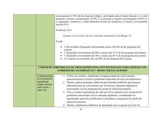 correctamente el 50% de las hojas de trabajo y actividades para el futuro docente; 2, si sólo
                  presenta y resuelve correctamente el 70%; 3, si presenta y resuelve correctamente el 85%; 4,
                  si argumenta, comunica y valida diferentes formas de resolución y resuelve correctamente
                  más del 85%.

                  Evidencia 2.6.4.

                            Examen escrito acerca de los contenidos matemáticos del Bloque 14.

                  Escala:

                            1 (No acredita): Responde correctamente menos del 60% de las preguntas del
                             examen.
                            2: Responde correctamente del 60% a menos del 70 % de las preguntas del examen.
                            3: Responde correctamente del 70% a menos del 80 % de las preguntas del examen.
                            4: Contesta correctamente más del 80% de las preguntas del examen.


UNIDAD DE APRENDIZAJE III: PROCEDIMIENTOS CONVENCIONALES PARA OPERAR CON
             EXPRESIONES ALGEBRAICAS Y RESOLVER ECUACIONES

Competencia(s)              1. Utiliza con sentido y significado el lenguaje algebraico para expresar
de la unidad de                generalizaciones al resolver problemas empleando diversos procedimientos.
aprendizaje                 2. Diseña y aplica estrategias didácticas para abordar problemas que integren
(Saber conocer,
                               diferentes áreas de conocimiento que involucran contenidos algebraicos
saber hacer y
saber ser)                     relacionados con los programas de estudio de educación primaria.
                            3. Guía y orienta el aprendizaje de cada uno de los alumnos en la resolución de
                               problemas relacionados con el contenido algebraico, considerando los
                               aprendizajes esperados establecidos en los planes y programas de estudio de
                               educación primaria.
                            4. Diseña e implementa ambientes de aprendizaje que se apoyan en el uso de
                                             34
 