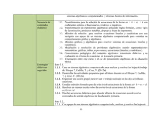 sistemas algebraicos computarizados y diversas fuentes de información.

Secuencia de        3.1. Procedimientos para la solución de ecuaciones de la forma ax + b = cx + d con
contenidos               coeficientes enteros o fraccionarios, positivos o negativos.
(Saberes)           3.2. Transformación de expresiones algebraicas aplicando reglas formales, como: tipos
                         de factorización, productos notables, despejes y leyes de exponentes.
                    3.3. Métodos de solución para resolver ecuaciones lineales y cuadráticas con una
                         incógnita con apoyo de un sistema algebraico computarizado para entender su
                         comportamiento gráfico y algebraico.
                    3.4. Métodos gráficos y algebraicos para resolver sistemas de ecuaciones lineales y
                         cuadráticas.
                    3.5. Modelación y resolución de problemas algebraicos usando representaciones
                         matemáticas: gráficas, tablas, expresiones y ecuaciones (lineales y cuadráticas).
                    3.6. Conocimiento pedagógico del contenido algebraico: tratamiento didáctico y su
                         evaluación en el tema de ecuaciones en la escuela primaria.
                    3.7. Vinculación entre este curso y el eje de pensamiento algebraico de la educación
                         básica.
Estrategias    Para 3.1.
didácticas     3.1.1. Usar un sistema algebraico computarizado para analizar y resolver las hojas de trabajo
sugeridas              del Bloque 7, Cedillo, T. y Cruz, V. (2012a).
               3.1.2. Desarrollar las actividades propuestas para el futuro docente en el Bloque 7, Cedillo,
                       T. y Cruz, V. (2012a).
               3.1.3. Organizar una sesión grupal para revisar el trabajo realizado en las dos actividades
                       anteriores.
               3.1.4. Estudiar métodos formales para la solución de ecuaciones de la forma ax+ b = cx + d.
               3.1.5. Resolver un examen escrito sobre la resolución de ecuaciones de la forma
                       ax+b=cx+d.
               3.1.6. Diseñar secuencias didácticas para abordar el tema de ecuaciones acorde con los
                       contenidos de sentido algebraico de la educación primaria.

               Para 3.2.
               3.2.1. Con apoyo de una sistema algebraico computarizado, analizar y resolver las hojas de
                                        35
 