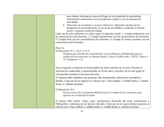 para obtener información acerca del logro de los propósitos de aprendizaje.
            Instrumentos consistentes con los propósitos a lograr y con la secuencia de
            actividades.
         Materiales de enseñanza y recursos didácticos. Selección con base en los
            propósitos, la conveniencia de su uso en las actividades y conforme al entorno
            social o contexto escolar de trabajo.
Cada una de estos elementos se valora según la siguiente escala: 1: Cumple pobremente con
las características del elemento, 2: Cumple regularmente con las características del elemento,
3: Cumple bien con las características del elemento, 4: Cumple de forma excelente con las
características del elemento.

Para 3.6.
Evidencia de 3.6.1., 3.6.2. y 3.6.3.
       Esquema que articula los conocimientos y procedimientos identificados para el
       estudio de las ecuaciones en Masami Isoda y Tenoch Cedillo (eds.). (2012), Tomos I-
       VI, Volúmenes 1-11.


En un esquema se expresan en forma gráfica las ideas centrales de un texto. Presenta la
información condensada y esquematizada, en forma clara y sencilla y de un solo golpe de
vista permite asimilar la estructura del texto.
El esquema debe establecer una jerarquía: idea fundamental, información secundaria y
detalles. Cada uno de los aspectos se valoran con 1: baja calidad, 2: calidad media, 3: calidad
buena, 4: calidad excelente.

Evidencia de 3.6.4
      Ensayo acerca de la propuesta didáctica para el estudio de las ecuaciones que
      aparece en el material revisado.

El ensayo debe incluir: Título, autor, introducción, desarrollo del tema, conclusiones y
bibliografía o referencias de las fuentes utilizadas. Cada uno de los cuatro últimos aspectos se
valoran con 1: baja calidad, 2: calidad media, 3: calidad buena, 4: calidad excelente.
                         45
 