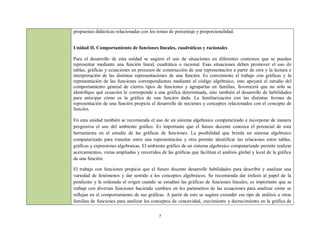 propuestas didácticas relacionadas con los temas de porcentaje y proporcionalidad.


Unidad II. Comportamiento de funciones lineales, cuadráticas y racionales

Para el desarrollo de esta unidad se sugiere el uso de situaciones en diferentes contextos que se puedan
representar mediante una función lineal, cuadrática o racional. Esas situaciones deben promover el uso de
tablas, gráficas y ecuaciones en procesos de construcción de una representación a partir de otra y la lectura e
interpretación de las distintas representaciones de una función. Es conveniente el trabajo con gráficas y la
representación de las funciones correspondientes mediante el código algebraico, esto apoyará el estudio del
comportamiento general de ciertos tipos de funciones y agruparlas en familias, favorecerá que no sólo se
identifique qué ecuación le corresponde a una gráfica determinada, sino también el desarrollo de habilidades
para anticipar cómo es la gráfica de una función dada. La familiarización con las distintas formas de
representación de una función propicia el desarrollo de nociones y conceptos relacionados con el concepto de
función.

En esta unidad también se recomienda el uso de un sistema algebraico computarizado e incorporar de manera
progresiva el uso del ambiente gráfico. Es importante que el futuro docente conozca el potencial de esta
herramienta en el estudio de las gráficas de funciones. La posibilidad que brinda un sistema algebraico
computarizado para transitar entre una representación y otra permite identificar las relaciones entre tablas,
gráficas y expresiones algebraicas. El ambiente gráfico de un sistema algebraico computarizado permite realizar
acercamientos, vistas ampliadas y recorridos de las gráficas que facilitan el análisis global y local de la gráfica
de una función.

El trabajo con funciones propicia que el futuro docente desarrolle habilidades para describir y analizar una
variedad de fenómenos y dar sentido a los conceptos algebraicos. Se recomienda dar énfasis al papel de la
pendiente y la ordenada al origen cuando se estudian las gráficas de funciones lineales; es importante que se
trabaje con diversas funciones haciendo cambios en los parámetros de las ecuaciones para analizar cómo se
reflejan en el comportamiento de sus gráficas. A partir de esto se sugiere extender ese tipo de análisis a otras
familias de funciones para analizar los conceptos de concavidad, crecimiento y decrecimiento en la gráfica de


                                             7
 