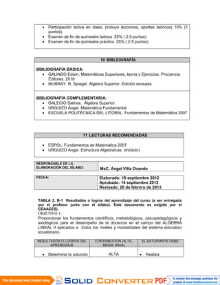 • Participación activa en clase, (incluye lecciones, aportes teóricos) 10% (1
puntos)
• Examen de fin de quimestre teórico 25% ( 2.5 puntos)
• Examen de fin de quimestre práctico 25% ( 2.5 puntos)
10 BIBLIOGRAFÍA
BIBLIOGRAFÍA BÁSICA:
• GALINDO Edwin, Matemáticas Superiores, teoría y Ejercicios. Prociencia
Editores. 2010
• MURRAY R. Spiegel. Álgebra Superior. Edición revisada
BIBLIOGRAFÍA COMPLEMENTARIA:
• GALECIO Salinas. Álgebra Superior.
• URQUIZO Ángel. Matemática Fundamental
• ESCUELA POLITÉCNICA DEL LITORAL. Fundamentos de Matemática 2007
11 LECTURAS RECOMENDADAS
• ESPOL, Fundamentos de Matemática 2007
• URQUIZO Ángel. Estructura Algebraicas. (módulo)
RESPONSABLE DE LA
ELABORACIÓN DEL SÍLABO: MsC. Ángel Villa Ovando
FECHA: Elaborado: 10 septiembre 2012
Aprobado: 14 septiembre 2012
Revisado: 26 de febrero de 2013
TABLA 2. B-1 Resultados o logros del aprendizaje del curso (a ser entregada
por el profesor junto con el sílabo). Este documento es exigido por el
CEAACES).
OBJETIVO 1:
Proporcionar los fundamentos científicos, metodológicos, psicopedagógicos y
axiológicos para el desempeño de la docencia en el campo del ALGEBRA
LINEAL II aplicados a todos los niveles y modalidades del sistema educativo
ecuatoriano.
RESULTADOS O LOGROS DEL
APRENDIZAJE
CONTRIBUCIÓN (ALTA,
MEDIA, BAJA)
EL ESTUDIANTE DEBE:
• Determina la solución ALTA • Realiza
 