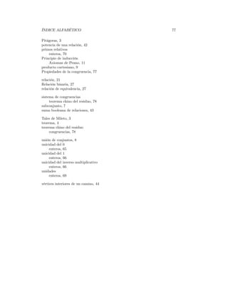 ÍNDICE ALFABÉTICO                      77

Pitágoras, 3
potencia de una relación, 42
primos relativos
    enteros, 70
Principio de inducción
    Axiomas de Peano, 11
producto cartesiano, 9
Propiedades de la congruencia, 77

relación, 21
Relación binaria, 27
relación de equivalencia, 27

sistema de congruencias
     teorema chino del residuo, 78
subconjunto, 7
suma booleana de relaciones, 43

Tales de Mileto, 3
teorema, 4
teorema chino del residuo
     congruencias, 78

unión de conjuntos, 8
unicidad del 0
     enteros, 65
unicidad del 1
     enteros, 66
unicidad del inverso multiplicativo
     enteros, 66
unidades
     enteros, 69

vértices interiores de un camino, 44
 