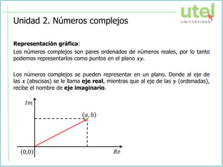 Unidad 2. Números complejos
Representación gráfica:
Los números complejos son pares ordenados de números reales, por lo tanto
podemos representarlos como puntos en el plano 𝒙𝒚.
Los números complejos se pueden representar en un plano. Donde al eje de
las 𝒙 (abscisas) se le llama eje real, mientras que al eje de las 𝒚 (ordenadas),
recibe el nombre de eje imaginario.
0,0
𝑎, 𝑏
𝑅𝑒
𝐼𝑚
 