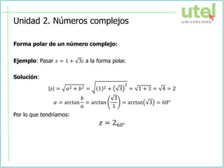 Unidad 2. Números complejos
Forma polar de un número complejo:
Ejemplo: Pasar 𝑧 = 1 + 3𝑖 a la forma polar.
Solución:
𝑧 = 𝑎2 + 𝑏2 = 1 2 + 3
2
= 1 + 3 = 4 = 2
𝛼 = arctan
𝑏
𝑎
= arctan
3
1
= arctan 3 = 60°
Por lo que tendríamos:
𝑧 = 260°
 