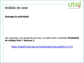 Análisis de caso
Entrega la actividad:
Dar respuesta a las preguntas del caso y se debe subir el apartado Modalidad
de trabajo final | Semana 2.
https://aula03.utel.edu.mx/mod/assign/view.php?id=11173
 