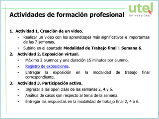 Actividades de formación profesional
1. Actividad 1. Creación de un video.
• Realizar un video con los aprendizajes más significativos e importantes
de las 7 semanas.
• Subirlo en el apartado Modalidad de Trabajo final | Semana 6.
2. Actividad 2. Exposición virtual.
• Máximo 3 alumnos y una duración 15 minutos por alumno.
• Registro de exposiciones.
• Entregar la exposición en la modalidad de trabajo final
correspondiente.
3. Actividad 3. Participación activa.
• Ingresar a las open class de las semanas 2, 4 y 6.
• Análisis de casos son respecto al tema de la semana.
• Entregar las respuestas en la modalidad de trabajo final 2, 4 o 6.
 