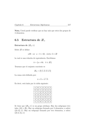 Cap´
   ıtulo 6.         Estructuras Algebraicas                     217


Nota. Usted puede veriﬁcar que no hay m´s que estos dos grupos de
                                       a
4 elementos.


6.5     Estructura de Z n
                      Z
Estructura de (Z 6 , ⊕)
               Z

Sobre Z se deﬁne:
       Z

                 aRb ssi a − b = 6k; cierto k ∈ ZZ

la cual es una relaci´n de equivalencia. Escribimos
                     o

                        a = {a + 6k; k ∈ ZZ}

Tenemos que el conjunto cuociente es

                        Z 6 = {0, 1, 2, 3, 4, 5}
                         Z

La suma est´ deﬁnida por:
           a

                             a+b=a+b

Es decir, est´ dada por la tabla siguiente:
             a

                         ⊕   0   1   2   3   4   5
                         0   0   1   2   3   4   5
                         1   1   2   3   4   5   0
                         2   2   3   4   5   0   1
                         3   3   4   5   0   1   2
                         4   4   5   0   1   2   3
                         5   5   0   1   2   3   4

Se tiene que (Z 6 , ⊕) es un grupo abeliano. Hay dos subgrupos triv-
                 Z
iales: {0} y Z 6 . Hay un subgrupo formado por 2 elementos, a saber:
               Z
({0, 3}, ⊕). Hay un subgrupo formado por tres elementos, a saber:
({0, 2, 4}, ⊕)
 