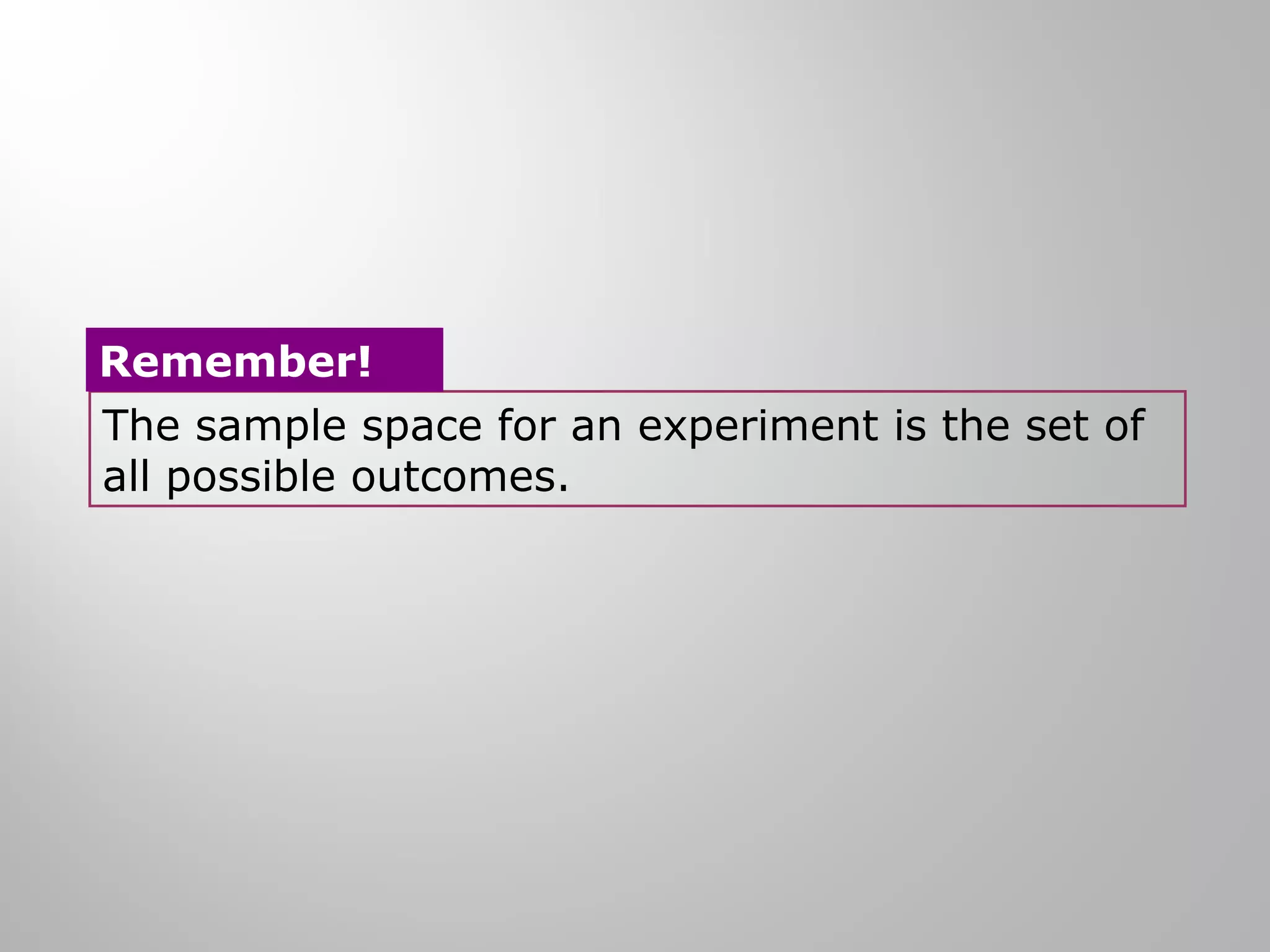 Remember! 
The sample space for an experiment is the set of 
all possible outcomes. 
 