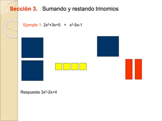 Sección 3. Sumando y restando trinomios
Ejemplo 1. 2x2+3x+5 + x2-5x-1
Respuesta 3x2-2x+4
 
