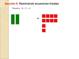 Sección 6. Resolviendo ecuaciones lineales
Resuelva 2x + 2 = -8
=
 