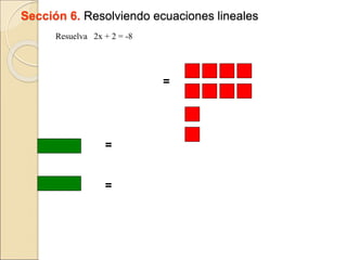 Sección 6. Resolviendo ecuaciones lineales
Resuelva 2x + 2 = -8
=
=
=
 